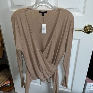 Ribbed Faux Wrap Tie Waist long sleeve top express